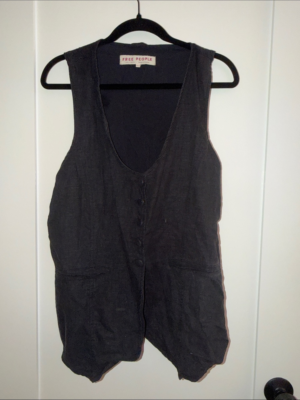 Free People Black Sleeveless Button-Front Romper with Pockets